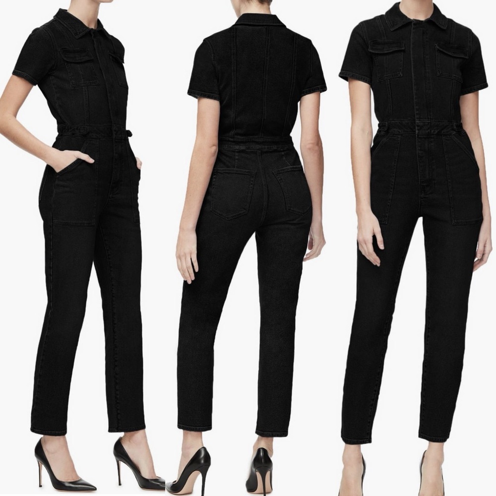 Good American Fit for Success Black Denim Utility Zip Jumpsuit NWT